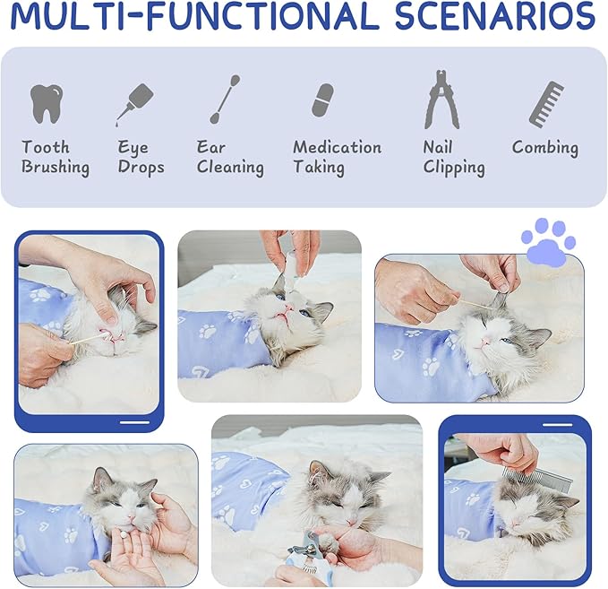 Cat Wrap for Cutting Nails, Self-Adhesive for Grooming, Anti-Scratch Cat Swaddle Wrap for Medicine, Nail Clipping, Teeth Brushing, Ear Cleaning
