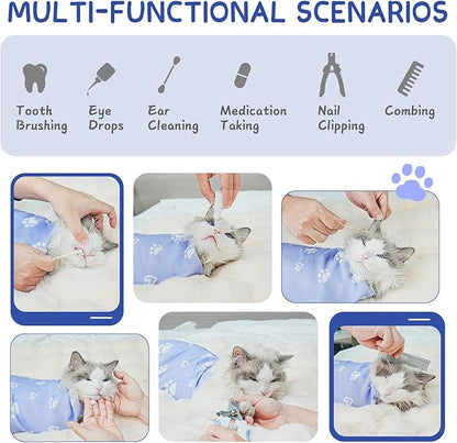 Cat Wrap for Cutting Nails, Self-Adhesive for Grooming, Anti-Scratch Cat Swaddle Wrap for Medicine, Nail Clipping, Teeth Brushing, Ear Cleaning