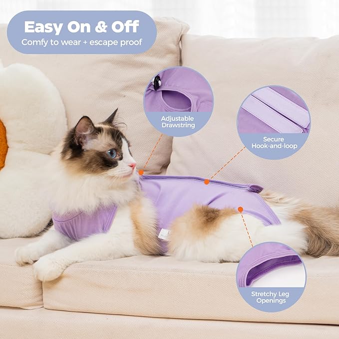 Avont Cat Recovery Suit Post-Surgery Onesie, Breathable Cone-of-Shame Alternative Bodysuit for Spayed Female Kittens, Skin Abdonminal Wound Care -Purple(S)