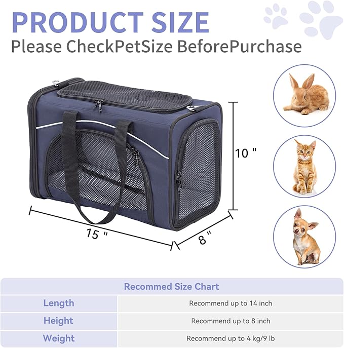 ‌Petsfit Airline Approved Pet Carrier for Small Cats, 15x8x10 TSA Approved Carrier, with Removable Dual-Sided Padding (2-Way Placement) - Fits Under Most Airplane Seats, Escape Proof (Navy)