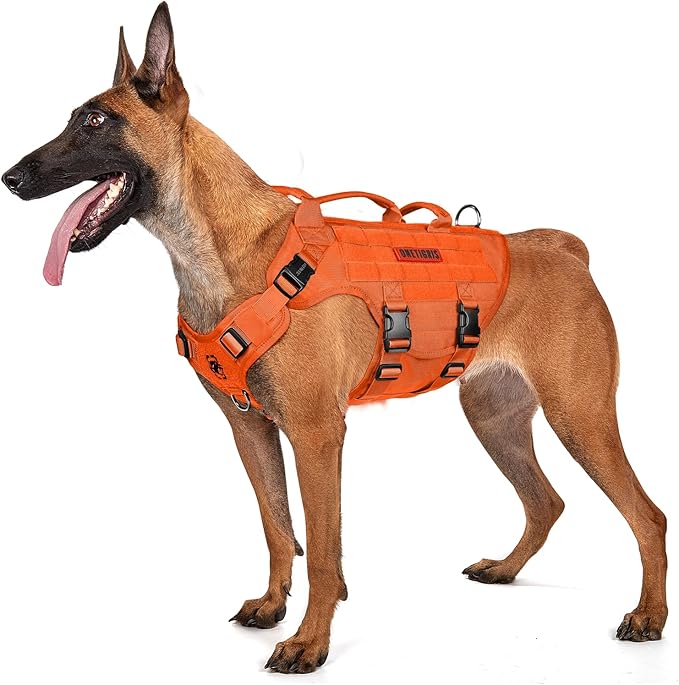 OneTigris Large Tactical Dog Harness, No Pulling Adjustable Dog Vest Harness, Heavy Duty Dog Harness with Handle, Large Hook and Loop Panels for Patch(Orange,M)