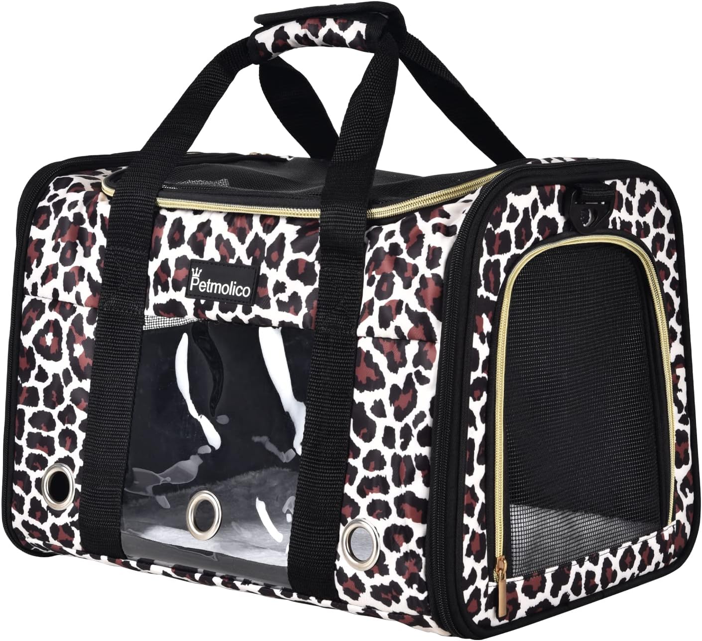 Petmolico Cat Carrier Soft-Sided Pet Bag for Small Medium Cats Puppies 16LBs - Airline Approved Pet Travel Carrier 3 Open Doors (Medium,Leopard)