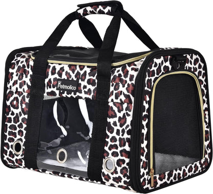 Petmolico Cat Carrier Soft-Sided Pet Bag for Small Medium Cats Puppies 16LBs - Airline Approved Pet Travel Carrier 3 Open Doors (Medium,Leopard)