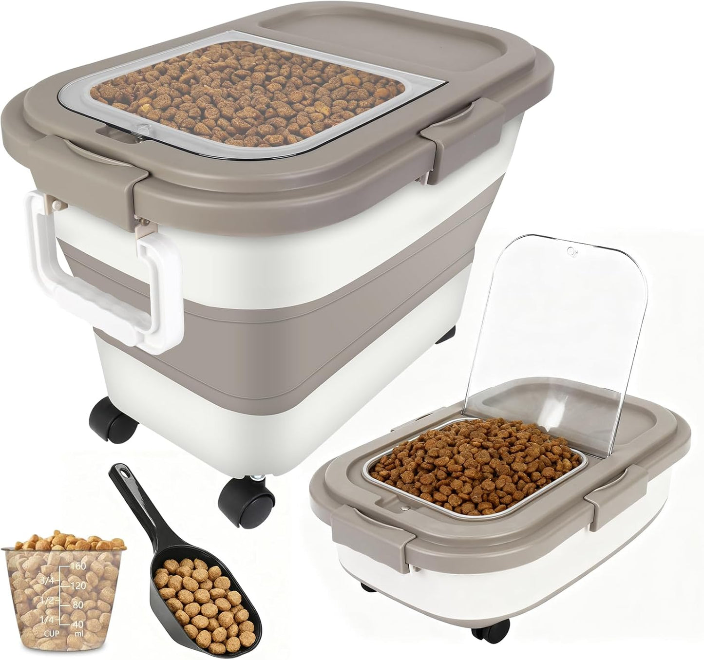 ShineMe 20Lbs Collapsible Pet Food Storage Container with Airtight Lid, Dog Food Storage Container with Measuring Scoop and Cup, Wheels & Handle for Easy Moving, Keep Dry Food Fresh (Khaki)