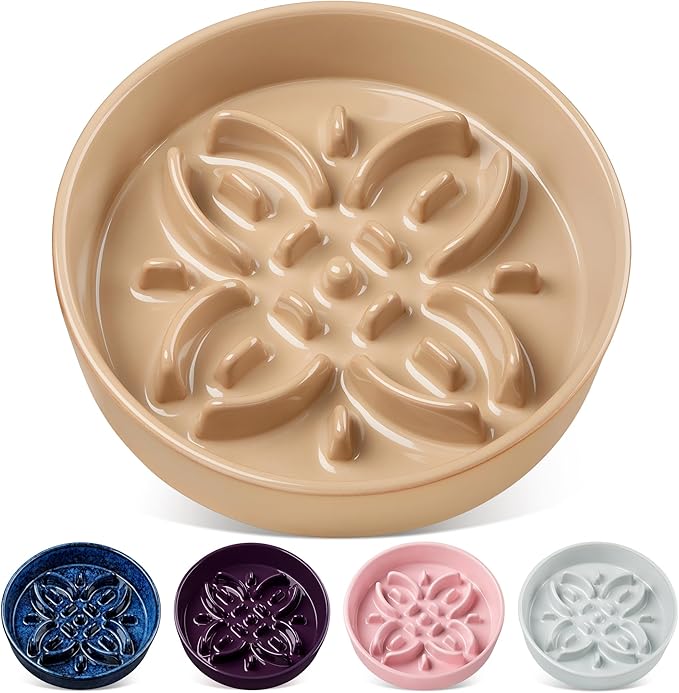 vancasso Ceramic Slow Feeder Dog Bowls, Puzzle Dog Food Bowls with Floral Maze, Anti -Slip Pet Food Dish for Large Breed, 3 Cups, Brown