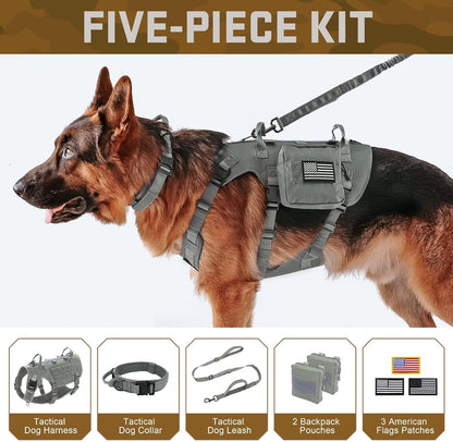 Forestpaw Tactical Dog Harness for Large Dogs,Tactical Dog Collar with Bungee Leash Set,No Pull Military Dog Harness for Walking Training,Adjustable for Medium Large Dogs,Gray,Chest 15.5-25.5"