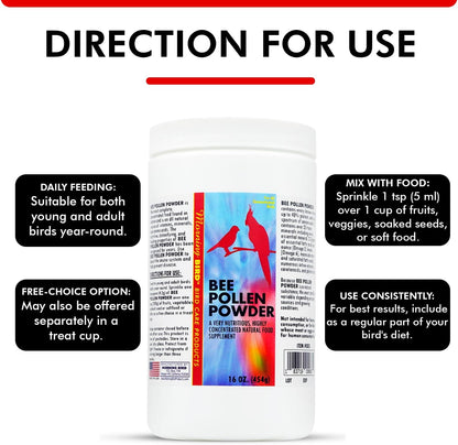 Morning Bird Bee Pollen Powder for Birds 16 Oz – Complete Nutrition with Protein, Amino Acids & Immune Support – Bird Vitamin & Mineral Supplement for Daily Health & Wellness