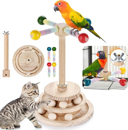 2 in 1 Multi Purpose Bird Stand Perch Toy Kitten Toy Bird cage Accessories 360 ° Interactive Rotating Toy Suitable for Wooden Stands for Parakeets Cockatoos and Birds