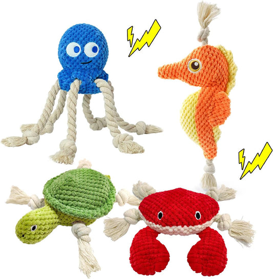 4-Pack Squeaky Dog Toys Set Sea Crinkle Plush Toy Rope Toys for Dogs Tug of War Toy & Oral Care Puppy Toys for Small Medium Large Dogs to Keep Them Busy: Stuffed Octopus, Crab,Seahorse,Turtle Pet Toys