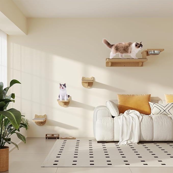 MeowHomm Cat Wall Shelves, Wood Wall Furniture with 3 Steps, Cat Feeding Shelf with 2 Food Bowls, Wooden Bed Furniture Wall Mounted