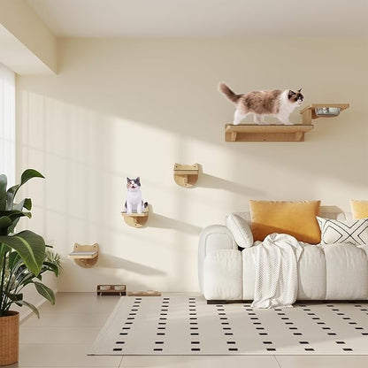 MeowHomm Cat Wall Shelves, Wood Wall Furniture with 3 Steps, Cat Feeding Shelf with 2 Food Bowls, Wooden Bed Furniture Wall Mounted