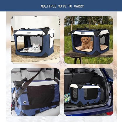 Large Cat Carrier, Collapsible Dog Travel Crate Portable Soft-Sided Pet Carrier with Super Soft Warm Plush Mat for Indoor and Outdoor 20x14x14in,Navy Blue
