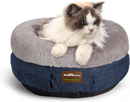 ClevaHome Cozy Cat Bed - Ultra-Soft Plush Pet Bed with Raised Sides and Anti-Slip Base, Comfortable Round Bed for Small Pets up to 11 lbs