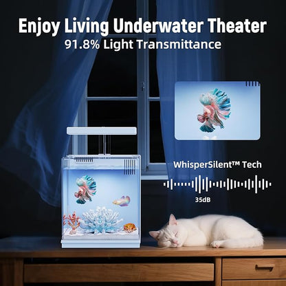 2-Gallon All-in-One Fish Tank – Silent Pump, 3-Stage Filtration & Easy Water Change, Perfect Self-Care Betta Aquarium Kit for Kids & Beginners (White