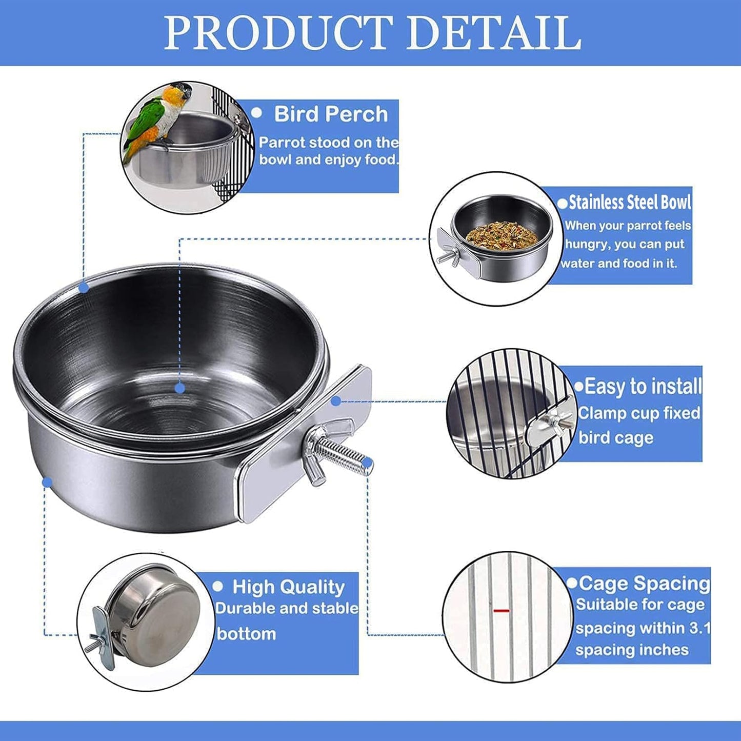 Tfwadmx 6 Pcs Bird Feeding Dish Cups Parrot Food Bowl Clamp Holder Coop Cup, Bird Cage Water Bowl for Parakeet African Greys Conure Cockatiels Lovebird Budgie Chinchilla