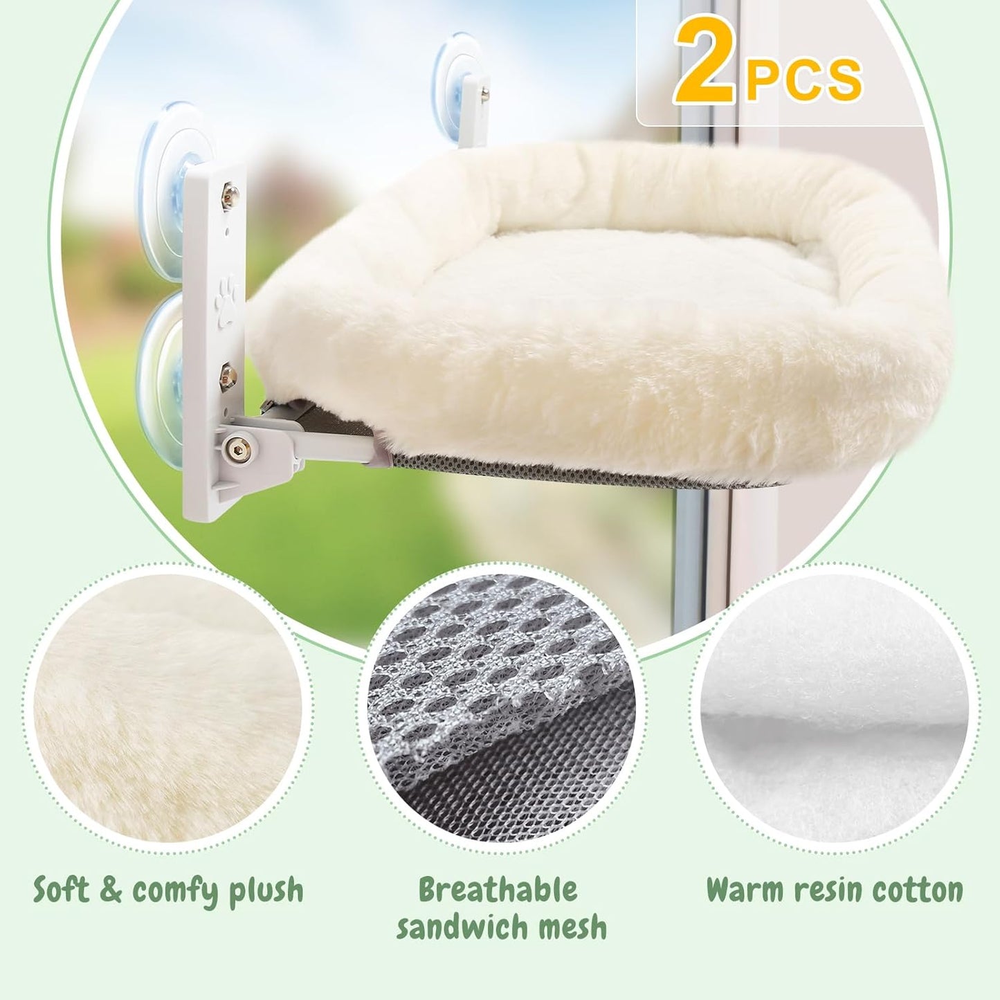 Sunhoo 2PCS Cat Window Perch Hammock Cordless Kitty Sunny Bed Seat Window Sill Shelf for Inside Cats Foldable Lounger with 4 Strong Suction Cups Soft Plush Cover 21*11.8 in Holds up to 40lbs (White)