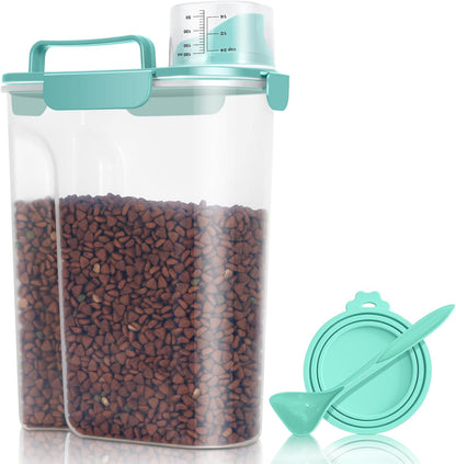 Pet Dog Cat Food Storage Container 5 to 7 lbs with Can Cover and Mixing Spoon, Airtight Travel Pet Food Storage Dispenser with Easy-pouring Spout & Cup, Kibble Dog Treat Bird Seed Container -Cyan