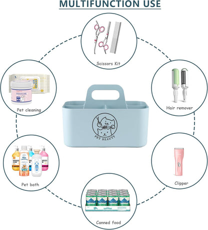 Dog Storage Organizer for Grooming Supplies,Portable Caddy Organizer for Pet Stuff,Divided Storage Bin for Dog Cat Grooming Kit,Dog Stuff Organizer with Handle for Shampoo,Clipper,Comb-Blue