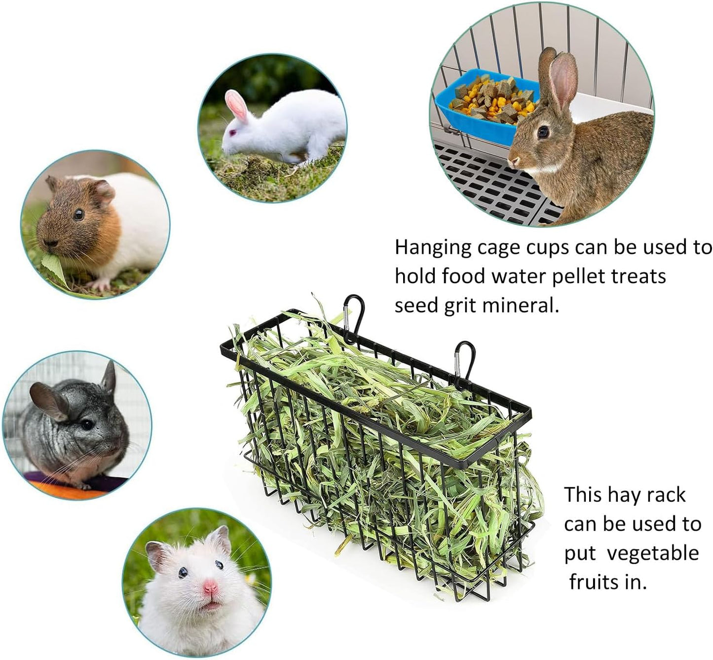 Hay Feeder for Rabbit Guinea Pig Chinchilla Small Animal Bunny Hanging Feeder for Cage Heavy Duty Metal Rack Timothy Veggie Holder (hay feeder*1 + food water cage cup *4 + Pet Teeth Grinding Stone*1)