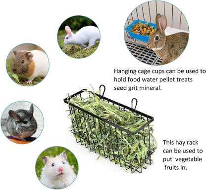 Hay Feeder for Rabbit Guinea Pig Chinchilla Small Animal Bunny Hanging Feeder for Cage Heavy Duty Metal Rack Timothy Veggie Holder (hay feeder*1 + food water cage cup *4 + Pet Teeth Grinding Stone*1)