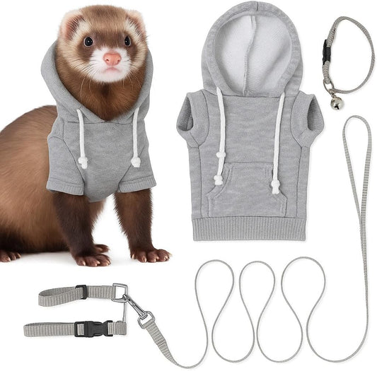 Gray Ferret Sweater, Harness, and Leash Set - Clothes for Small Pets - Ferret Stuff and Accessories - Hoodies for Ferrets - Small Pet Accessories
