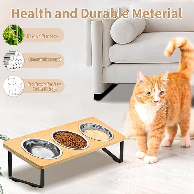 Raised Cat Food Water Bowl，Small Dog 15 ° Tilted Elevated Food Feeding Tray with Three Stainless Steel Bowls to Protect The Spine of Cats and Dogs from Vomiting (Wood Color) (3 Bowls)