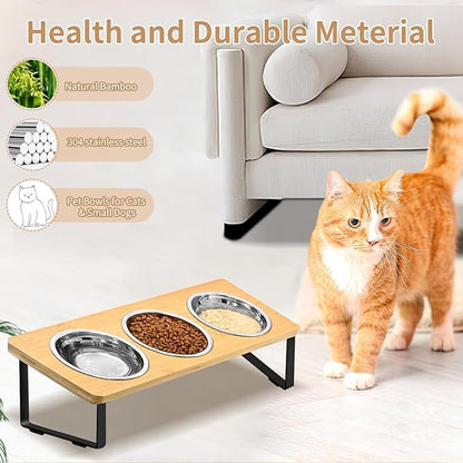 Raised Cat Food Water Bowl，Small Dog 15 ° Tilted Elevated Food Feeding Tray with Three Stainless Steel Bowls to Protect The Spine of Cats and Dogs from Vomiting (Wood Color) (3 Bowls)