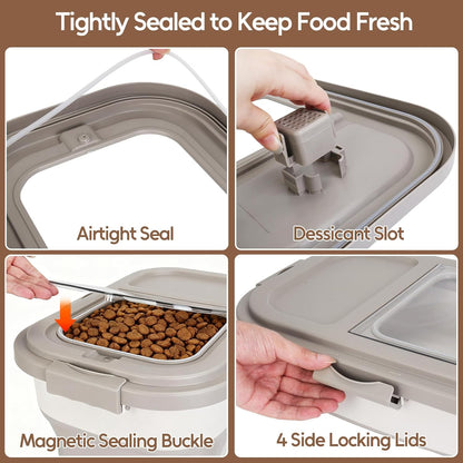 ShineMe 20Lbs Collapsible Pet Food Storage Container with Airtight Lid, Dog Food Storage Container with Measuring Scoop and Cup, Wheels & Handle for Easy Moving, Keep Dry Food Fresh (Khaki)