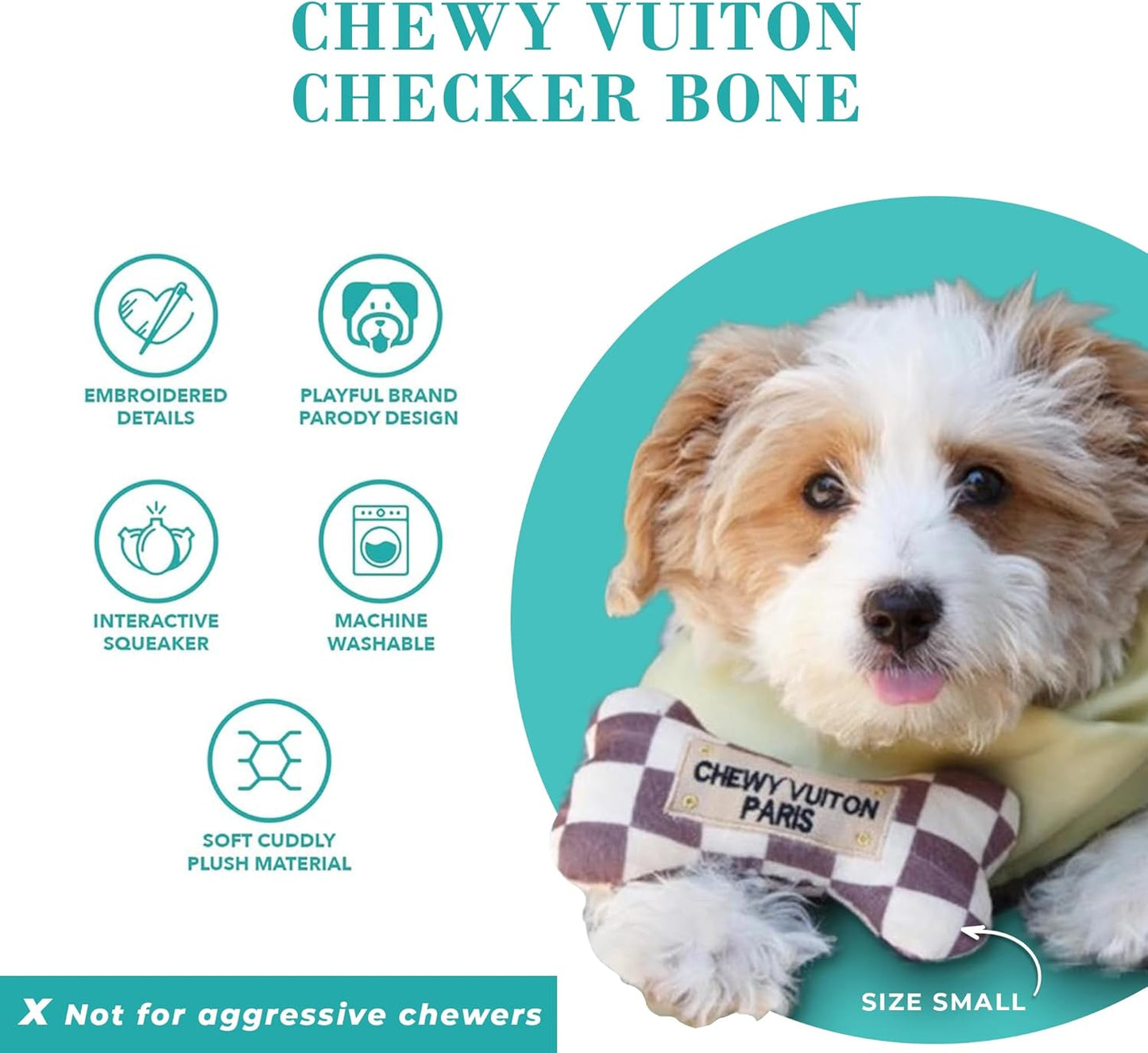 Haute Diggity Dog Checker Chewy Vuiton Bone, Plush Designer Dog Toys with Interactive Squeaker, Stimulating Pet Enrichment, Machine-Washable & Safe Materials for All Breeds, Size Medium