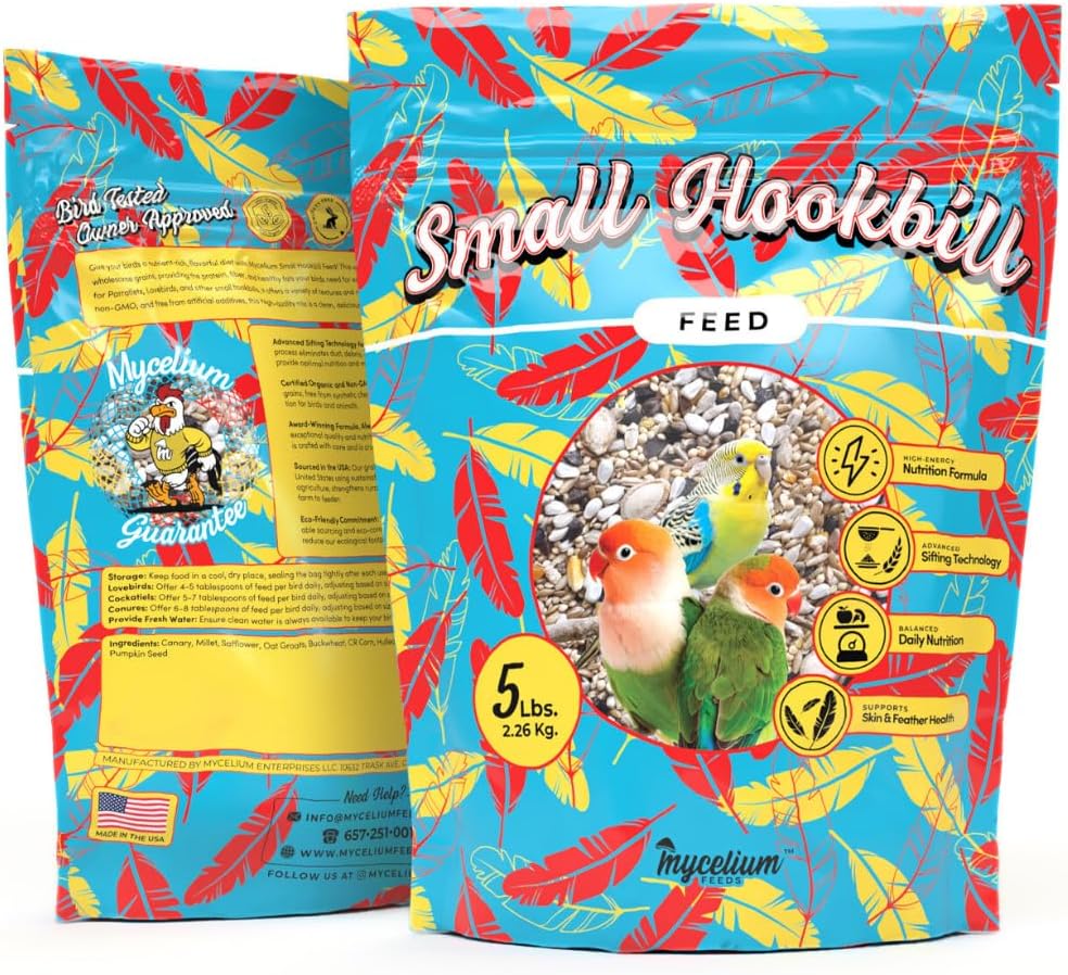 Mycelium Small Hookbill Feed (5 LBS) | Organic, Non‑GMO Bird Food for Cockatiels, Conures & Lovebirds | Filler‑Free with Hulled Seeds | Daily Energy, Skin & Feather Support | Made in USA