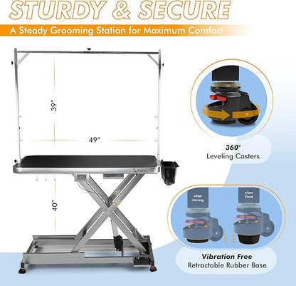 KANIS Professional Electric Dog Grooming Table - Heavy Duty, Height Adjustable Pet Grooming Table w/Leveling Wheels, Grooming Arm, Anti Slip Tabletop & Tool Organizer/Dog Grooming Station (49", Grey)