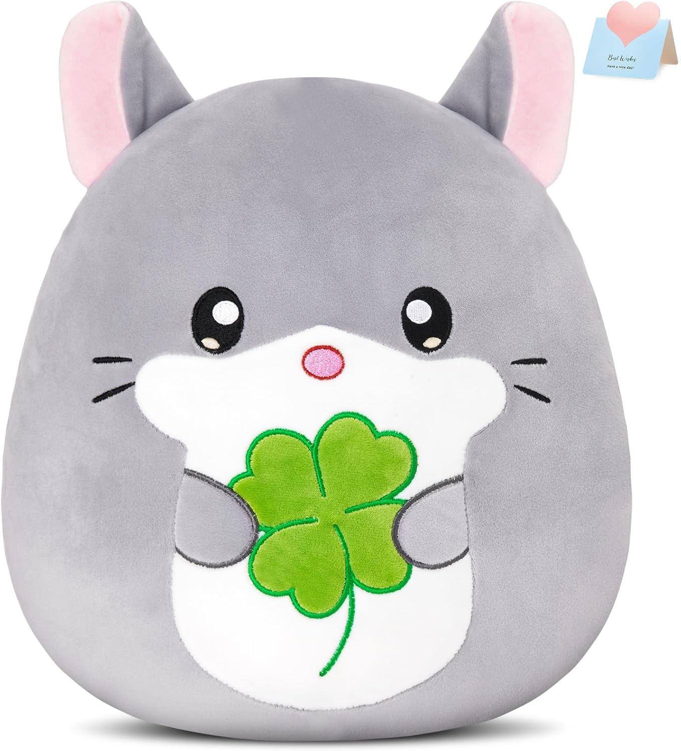 13-Inch Chinchilla Plush Pillow with Four-Leaf Clover, Ultrasoft Grey Chinchilla Stuffed Animal Toy Hugging Throw Toy Gifts for Bedding, Kids Sleeping Kawaii Pillow