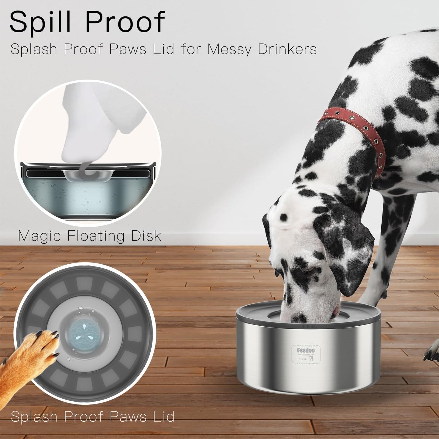 2L No Spill Water Bowl for Dogs, Double-Wall Stainless Steel with Splash-Proof Paws Lid and Floating Disk, Non-Slip Base, Easy to Clean Slow Water Feeder for Small Medium Dogs