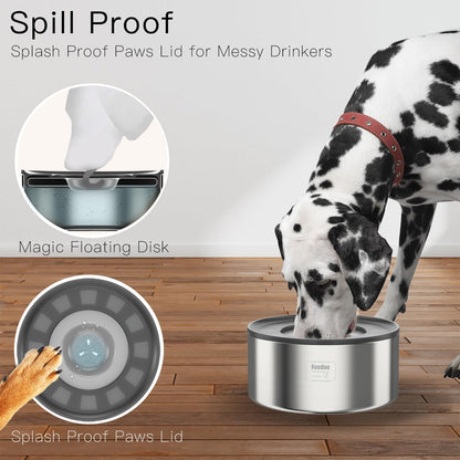 2L No Spill Water Bowl for Dogs, Double-Wall Stainless Steel with Splash-Proof Paws Lid and Floating Disk, Non-Slip Base, Easy to Clean Slow Water Feeder for Small Medium Dogs