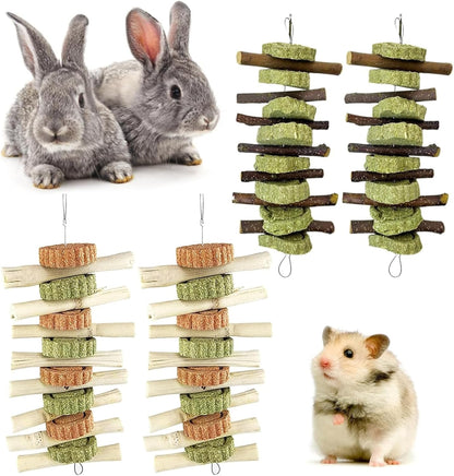 Hamiledyi 4PCS Bunny Chew Toys Rabbit Hanging Toys for Teeth Grinding Natural Apple Wood Sweet Bamboo Sticks Timothy Grass&Carrot Cake for Chewing/Improving Rodent Animals Dental Health