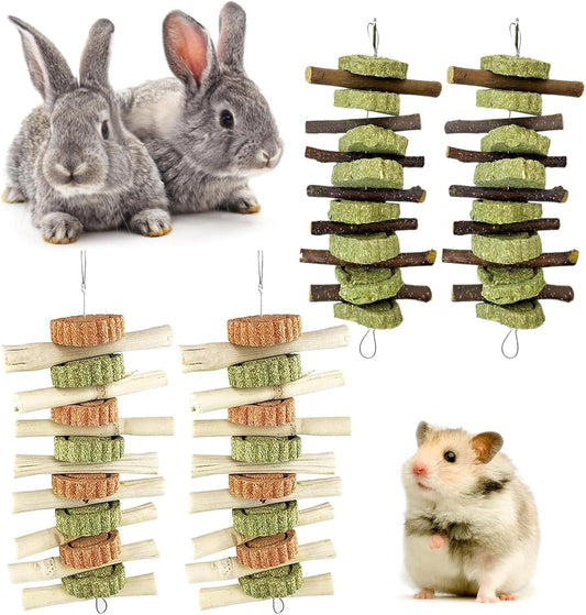 Hamiledyi 4PCS Bunny Chew Toys Rabbit Hanging Toys for Teeth Grinding Natural Apple Wood Sweet Bamboo Sticks Timothy Grass&Carrot Cake for Chewing/Improving Rodent Animals Dental Health