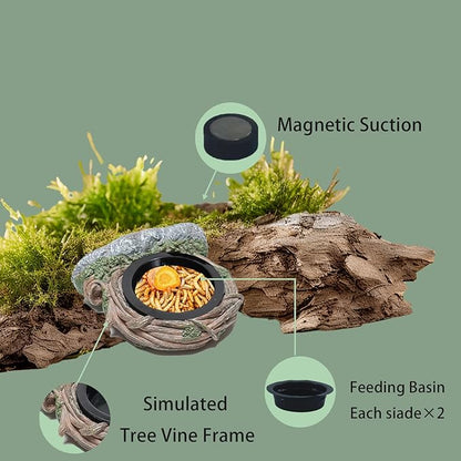Reptile Feeding Ledge with 2 Cups, Hollow Vine Food Dish & Water Bowl for Bearded Dragon, Gecko, Lizard & Snake – Reptile Tank Accessories for Terrariums