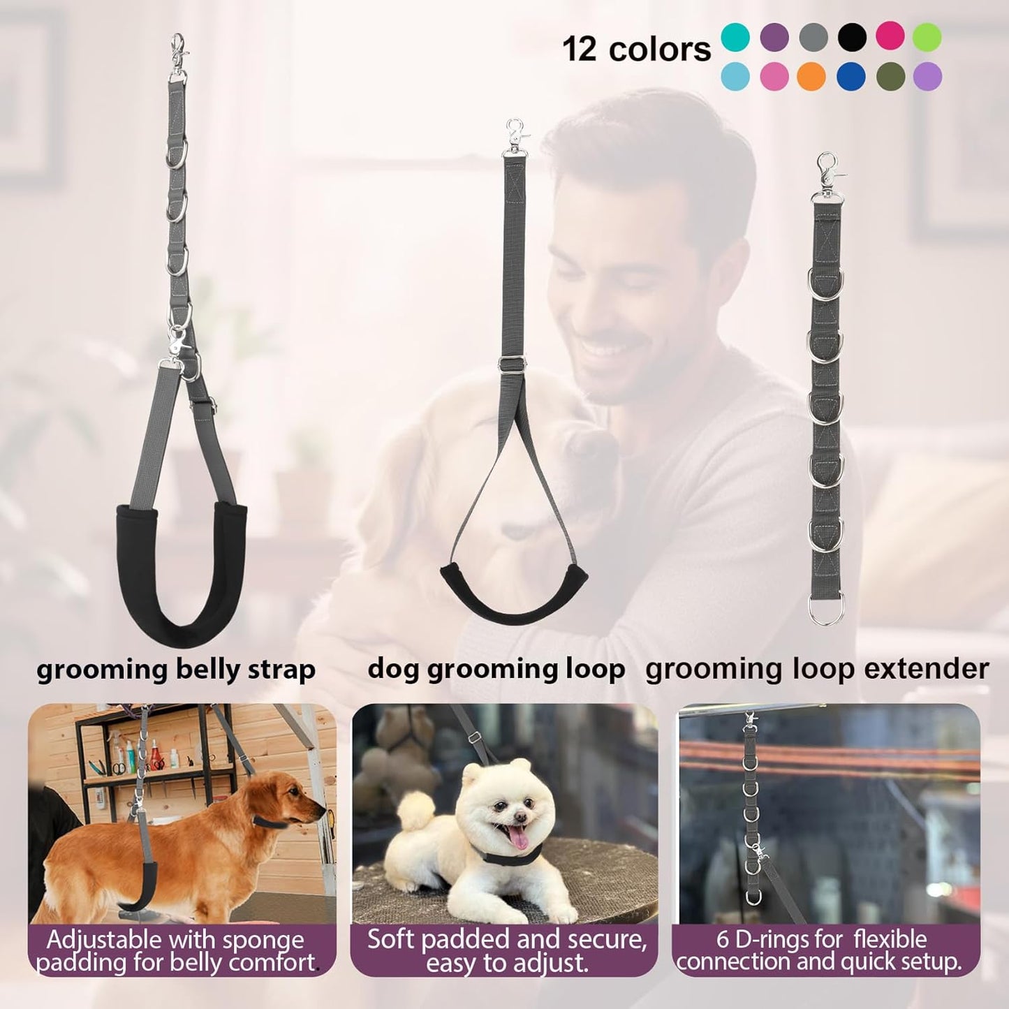 Dog Grooming Belly Straps Belly Band & Loop Extension Set - Adjustable & Comfortable Grooming Tools for Pet Grooming Tables Arms and All Dog Breeds (Gray)
