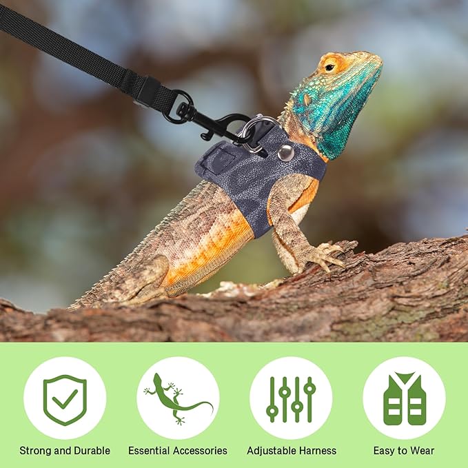 Bearded Dragon Lizard Leash Harness 3 Size Pack Leopard Print Lizard Harness Leash for Outdoor Small Reptiles Animal Squirrels (Blue)