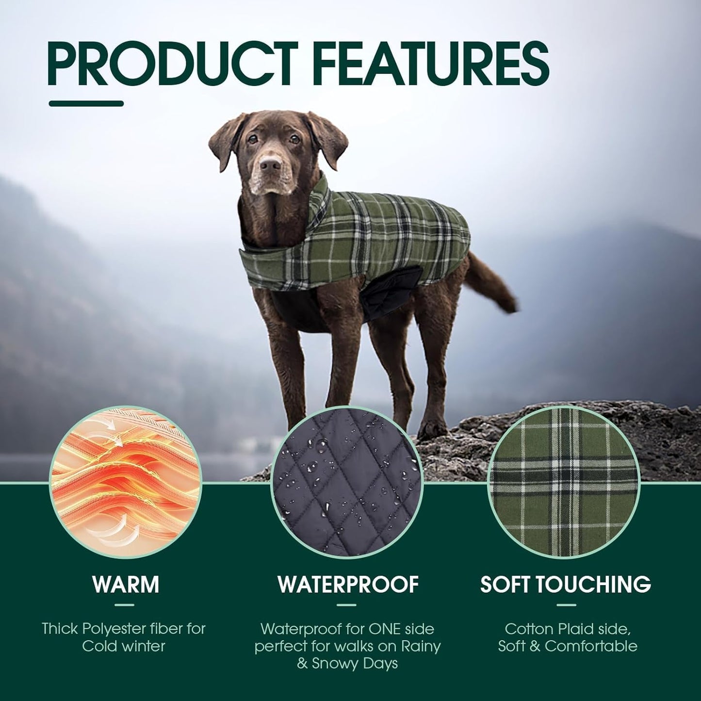 Kuoser Waterproof Dog Coat, Reversible Dog Jacket for Medium Dogs, Adjustable Durable Doggie Winter Coat Warm Puppy Cold Weather Apparel from Small to Large Breed, Green M