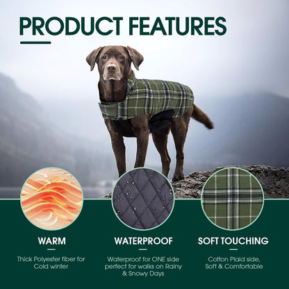 Kuoser Warm Dog Coat, Waterproof Dog Jacket for Extra Large Dogs, Adjustable Durable XXL Doggie Winter Coat Reversible Puppy Cold Weather Apparel from Small to Large Breed, Green XXL