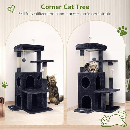 Globlazer Cat Tree Tower for Indoor Cats, 50-inch Adult Cat Tree House for Large Adult Cats with Steps, Scratching Post, 2 Cat Caves, Dangling Toys, FC50, Dark Grey