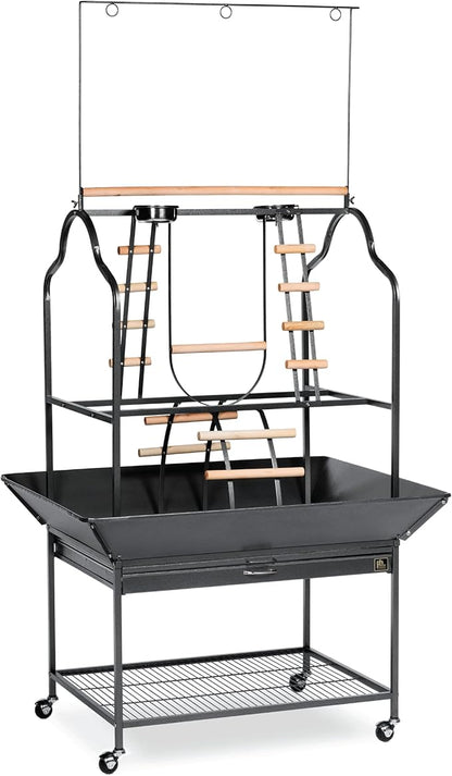 Prevue Pet Products Large Parrot Playstand with Wheels, Bird Stand Activity Play Center with Perches and Ladders, Indoor Outdoor Playground for Birds, Black Hammertone Finish