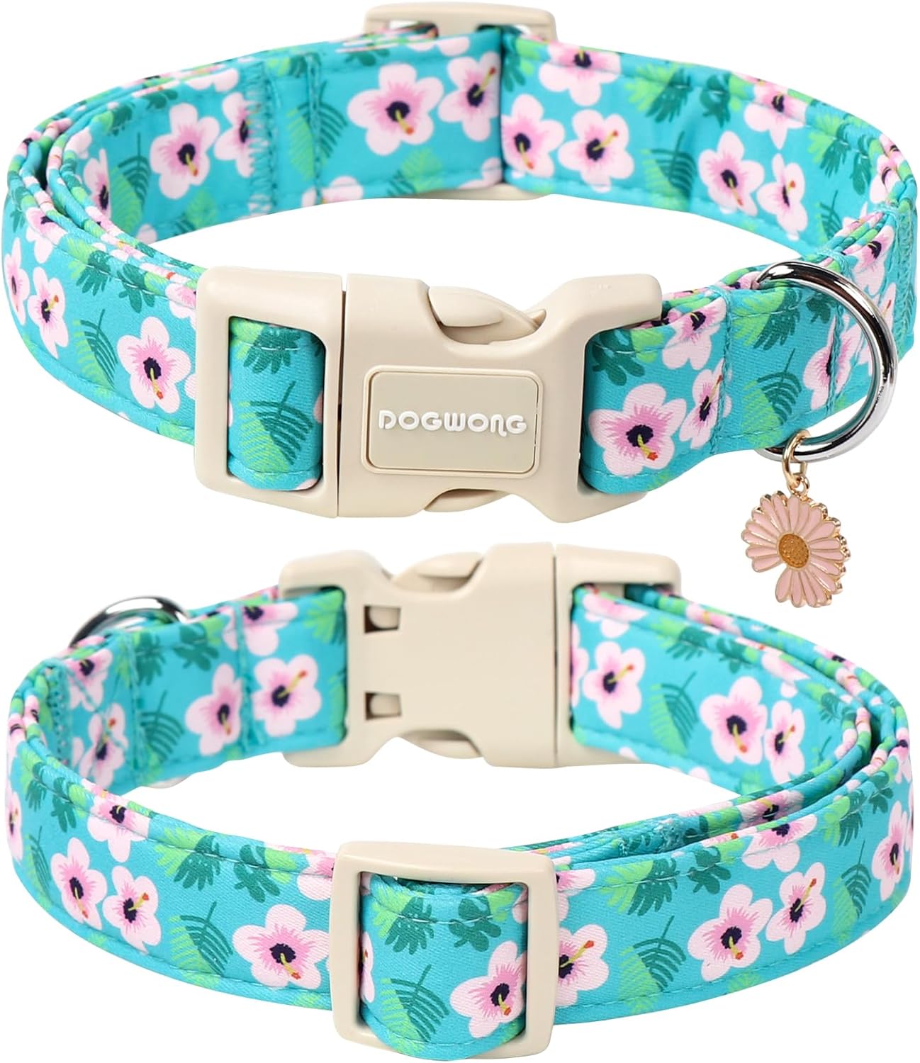 DOGWONG Spring Floral Cotton Dog Collar, Pink Flower Dog Collar Durable Soft Fabric Pet Dog Collars Cute Beachy Girl Female Puppy Necklace for Small Medium Large Dogs