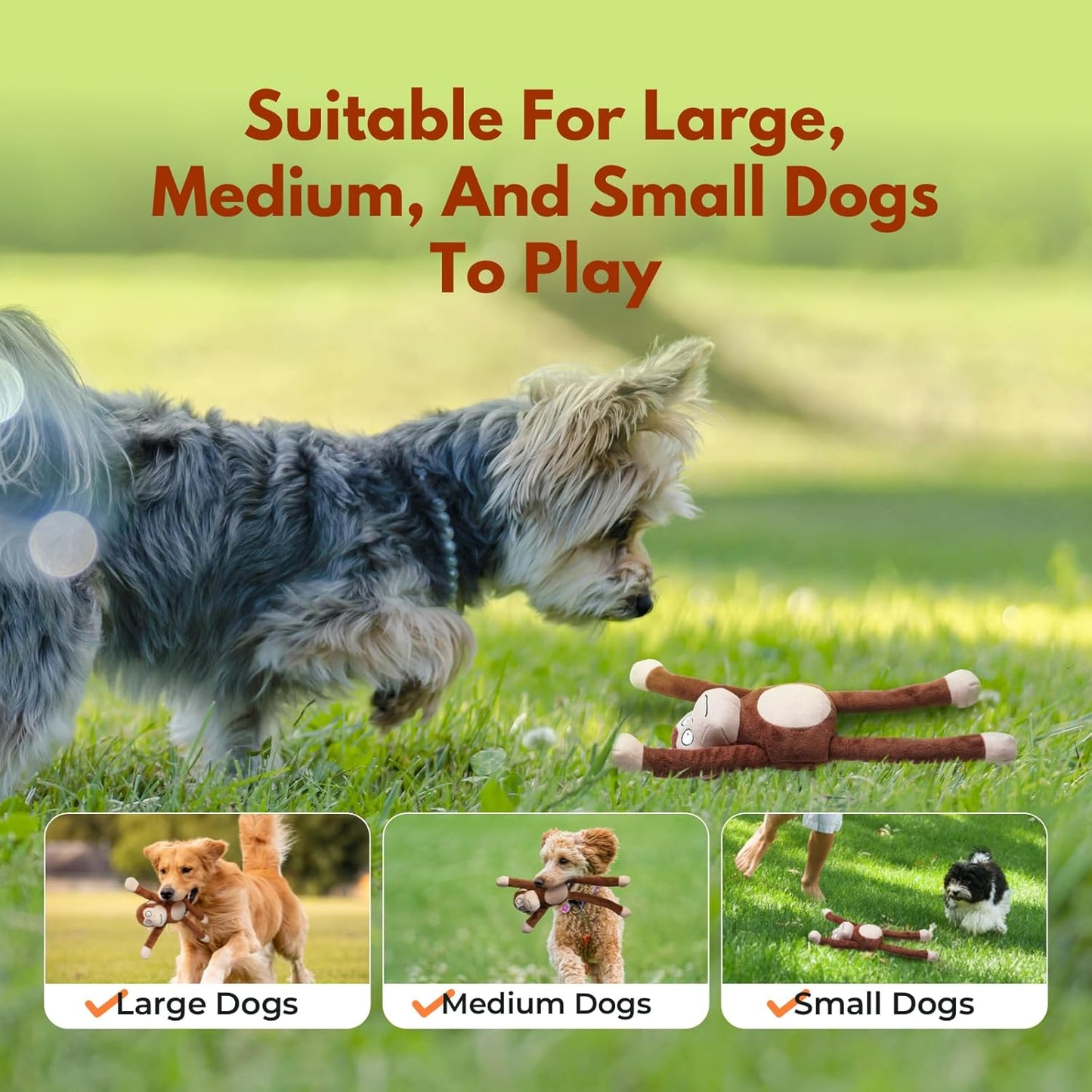 Squeaky Dog Toys with Crinkle Paper Durable Tug of War Monkey Plush Dog Toy with Soft Fabric for Small Middle and Large Dogs