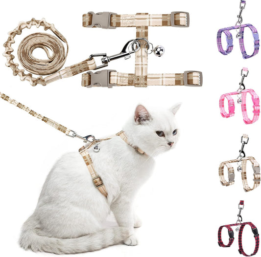 BEAUTYZOO Cat Harness and Leash Set Escape Proof for Walking, Kitten Soft Adjustable Vest Harnesses for Small Medium Large Cats, Easy Control Breathable Plaid Ribbon Nylon for Outdoor Indoor Use