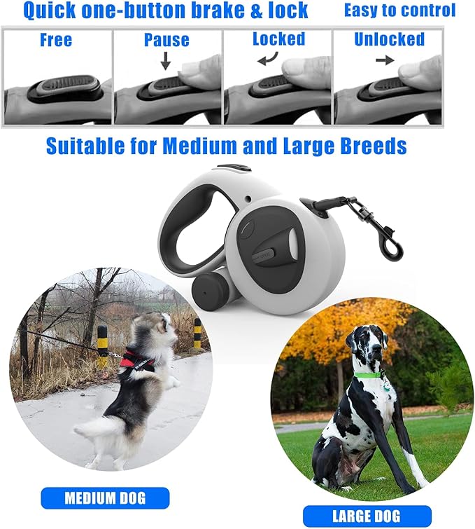 HCY&WLD Upgrade 4-in-1 Retractable Dog Leash with LED Light & Dispenser & Poop Bags, 16 ft Heavy Duty Dog Leash with Anti-Slip Handle for Dogs up to 110 lbs, 360° Tangle-Free, One Button Brake & Lock