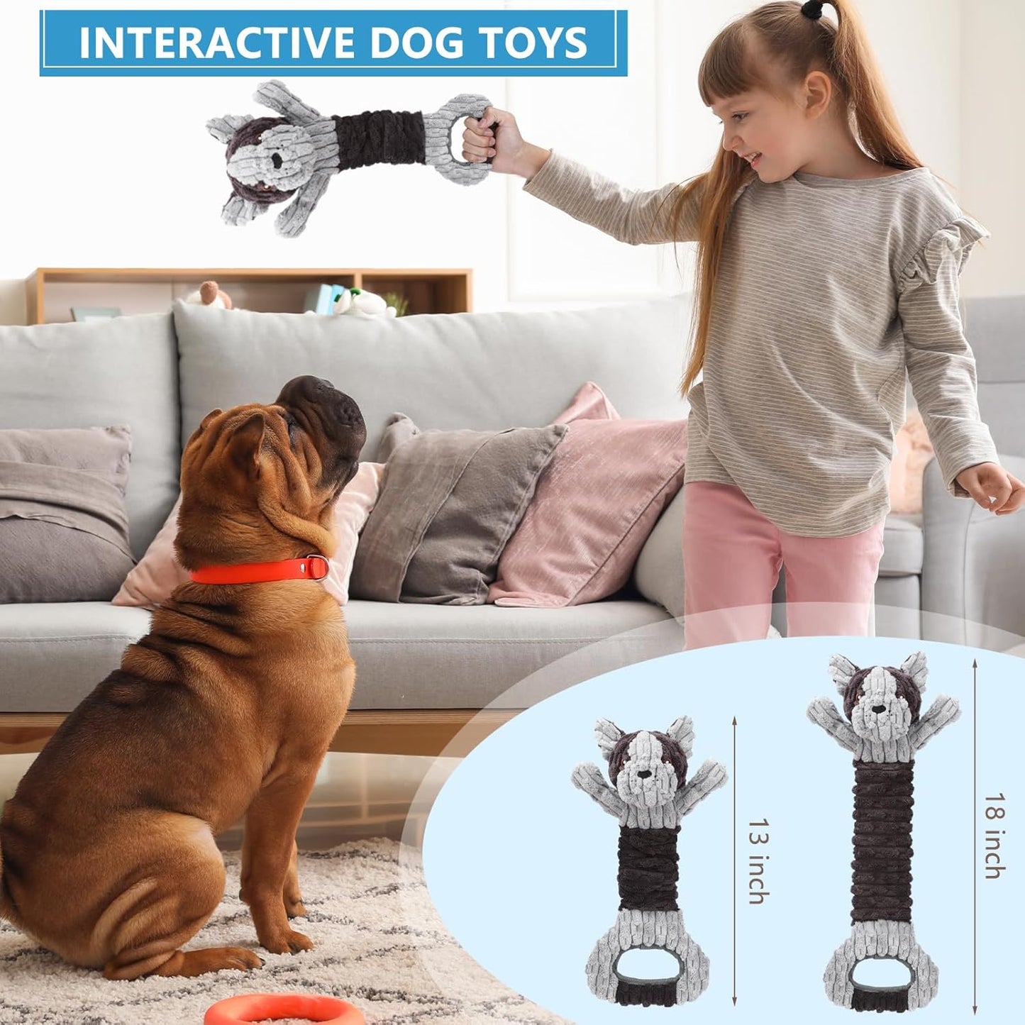 Plush Dog Squeak Toys with Crinkle Paper - Pull Interactive Tug of War Dog Toy, Great for Dental Health, Strengthening Bonds and Anxiety Relief for Puppies, Small, Medium, Large Dogs