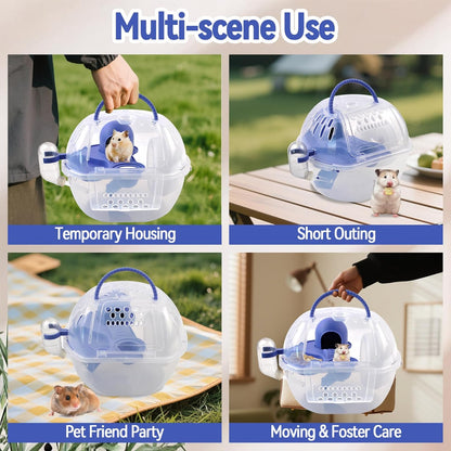 Hamster Carrier with Water Bottle,Portable Hamster Travel Cage,Breathable Rat Travel Carrier with Exercise Wheel Food Plate Acrylic Small Animal Carrying Case for Little Rats Mice (Blue)