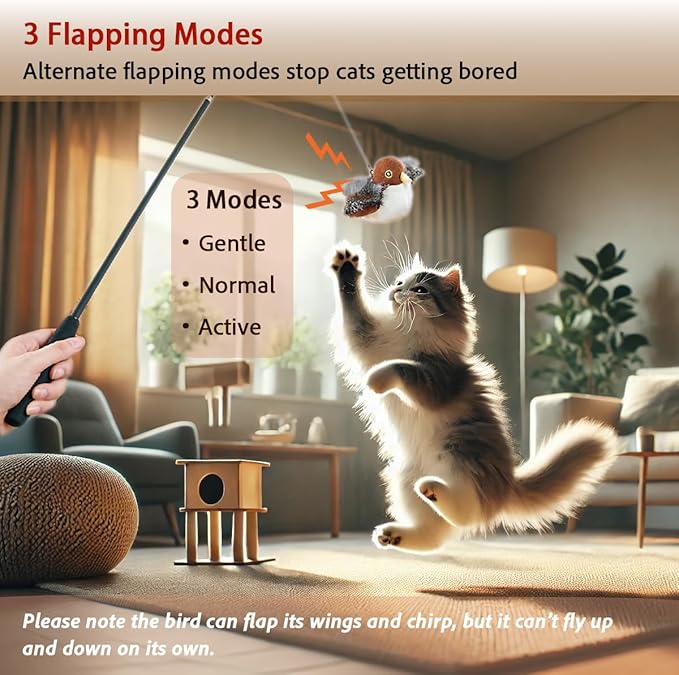 Realistic Cat Toys, Rechargeable Interactive Flappy Bird, Flapping Bird Sparrow, Touch Activated Kitten Toy Cat Exercise Toys, Simulated Chirping Moving Bird Catnip Toys